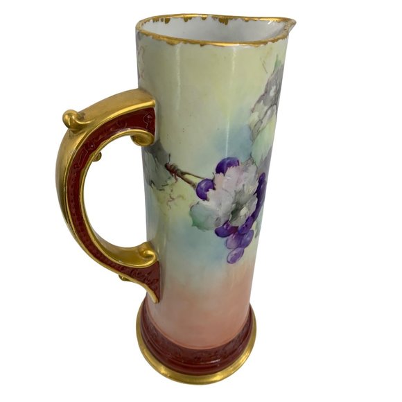 Limoges WG Tankard Pitcher Vase Hand Paint Grapes France 15" Gold Pink 6564 - Picture 5 of 10